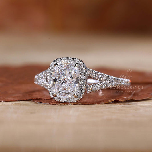 Elongated Cushion Cut Diamond Halo Engagement Ring