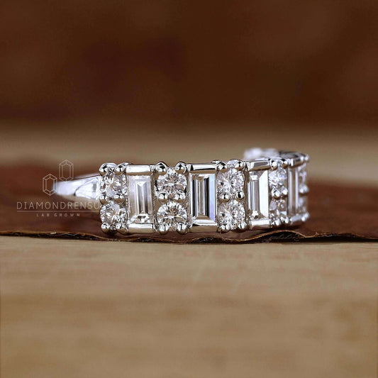 Baguette and Round Cut Lab Grown Diamond Half Eternity Wedding Band