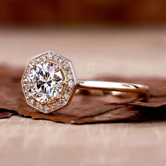 Round Lab Grown Diamond Octagonal Halo Engagement Ring