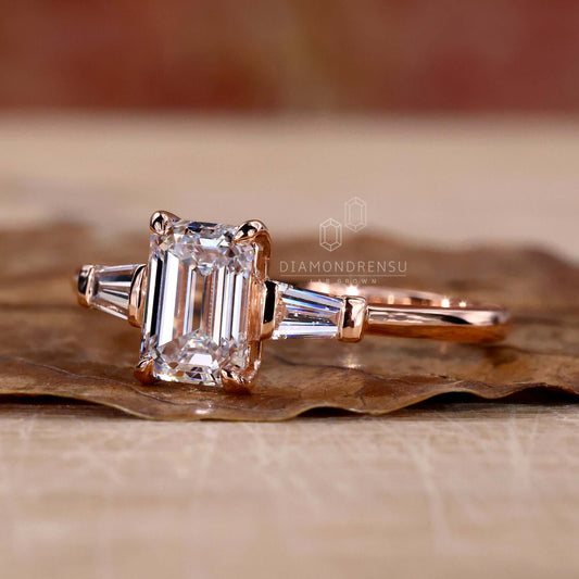 Emerald Cut Diamond Ring, Three Stone Lab Diamond Engagement Ring