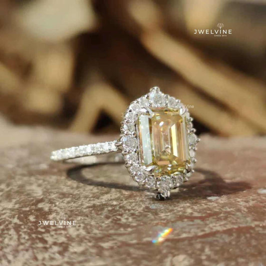 2.81 TW Canary Yellow Emerald Cut Vintage Moissanite Engagement Ring