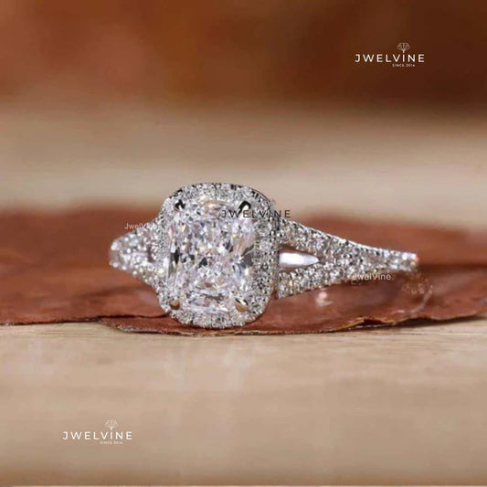 Elongated Cushion Cut Diamond Halo Engagement Ring