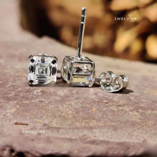 2.30 TCW Asscher Cut Colorless Moissanite - Basket Set Stud Earrings