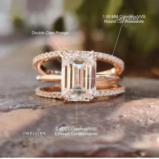 2.54 CT Emerald cut Colorless Moissanite Trio Wedding Set