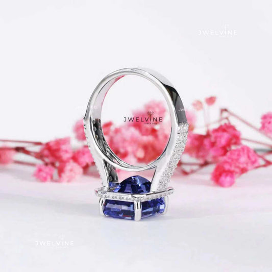 December Birthstone Ring, Rare 6.25 CT Emerald Cut lab grown Tanzanite Engagement Ring