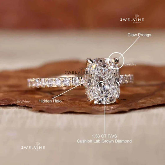 Hidden Halo Engagement Ring, Elongated Cushion Cut Lab Grown Diamond Ring