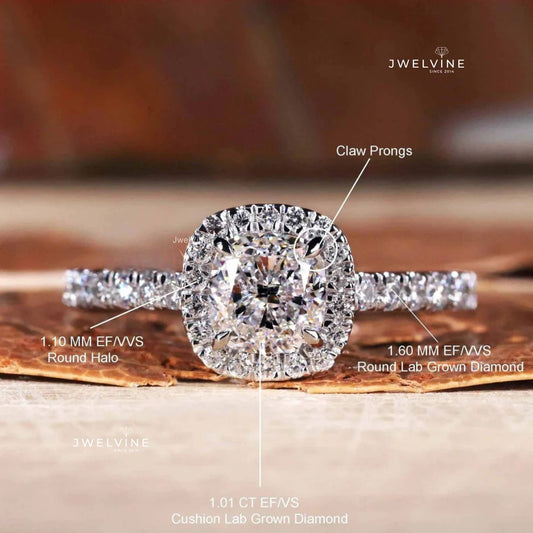 1.40 CT Cushion Cut Lab Grown Diamond Halo Engagement Ring