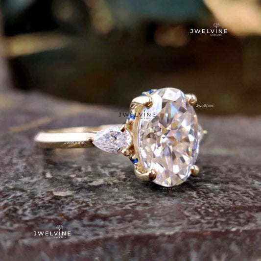 Elegant 4.13 TW Oval Cut Unique Three Stones Moissanite Engagement Ring