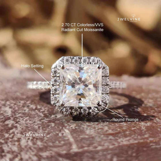 3.20 TW Radiant Cut Cathedral Set Affordable Moissanite Halo Engagement Ring