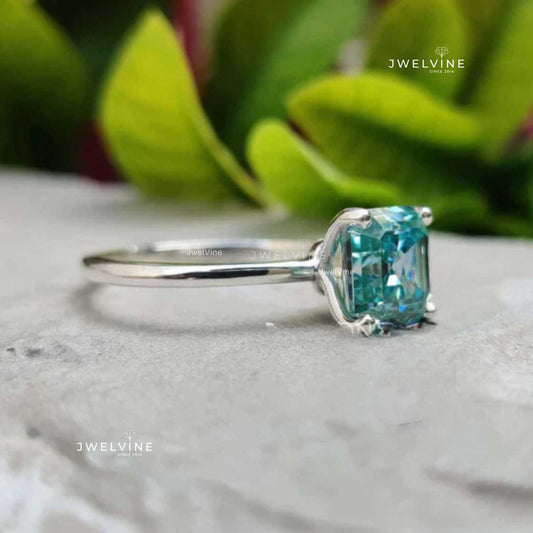 2.21 CT Asscher Step Cut Cyan Blue Moissanite Solitaire Wedding Ring