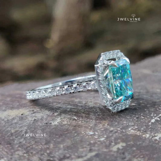 2.23 TCW Cyan Blue Radiant Cut Halo Pave Moissanite Wedding Ring