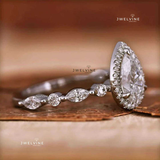 Floating Bubble Pave Set 1.05 CT Pear Cut Lab Grown Diamond Halo Engagement Ring