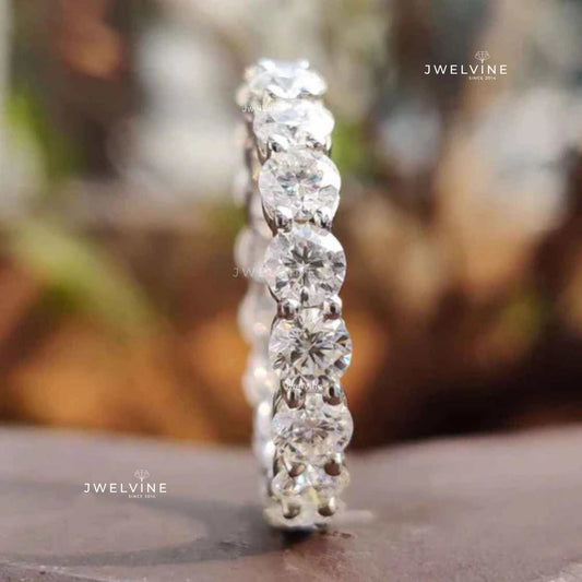 3.50 MM Round Cut Moissanite Eternity Wedding Band, Scallop Pave Set Moissanite Eternity Ring