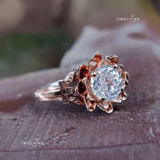 Floral Setting Portuguese cut Two Tone Moissanite Ring