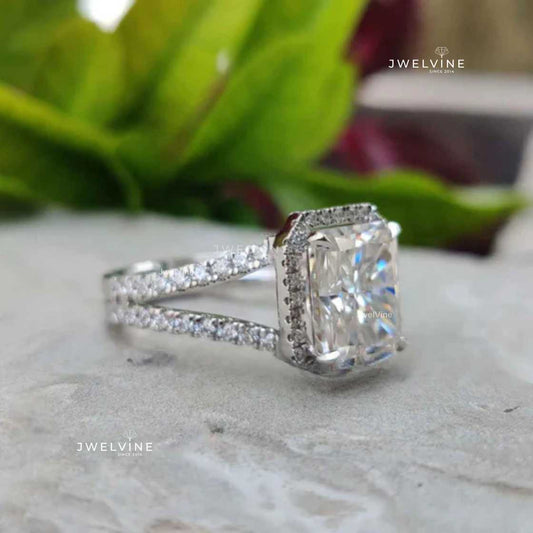 3.58 TCW Radiant Cut Split Shank Moissanite Halo Engagement Ring