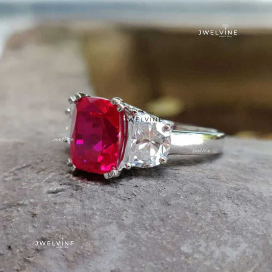 Cushion Cut Red Garnet with side Half-Moon Moissanite Three Stone Ring