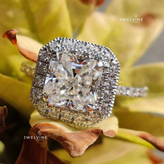 2.22 TW Radiant Cut Classic Pave Halo Moissanite Diamond Engagement Ring