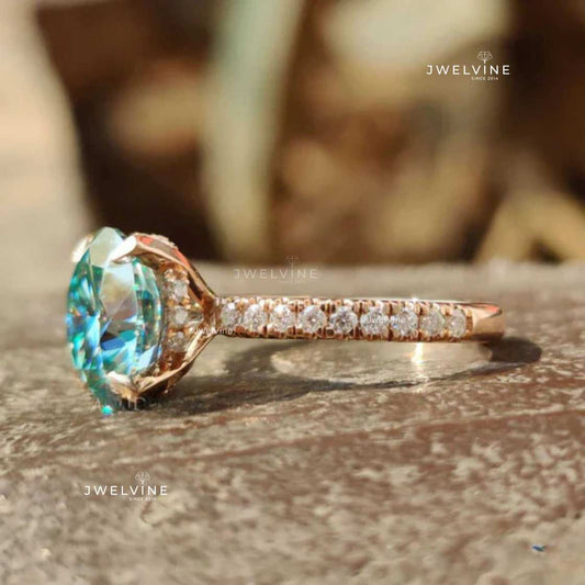 3.67 TW Round Cut Cyan Blue Moissanite Pave Set Engagement Ring