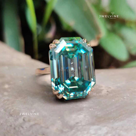 26.13 CT Emerald Krupp Cut Cyan Blue Cathedral Set Moissanite Solitaire Ring