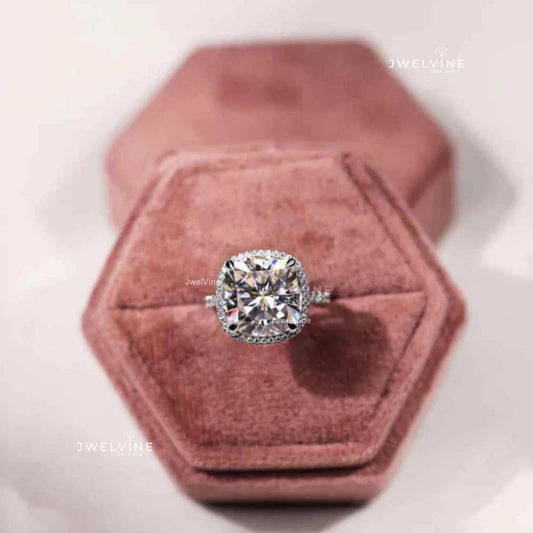 10.89 TCW Cushion and Round Cut Colorless Moissanite Halo Engagement Ring, Claw Prongs Ring, Pave Ring