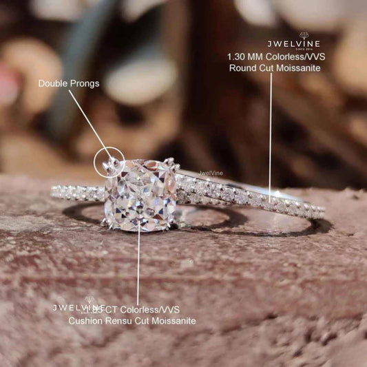 2.38 TW Cushion Cut Hidden Accented Pave Set Moissanite Wedding Ring Set