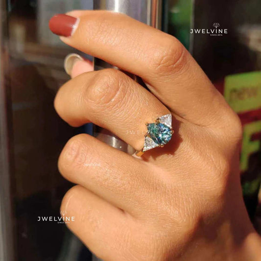 2.34 TW Pear Cyan Blue and Triangle Cut Three Stone Moissanite Engagement Ring