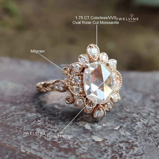 2.26 TW Oval Rose Cut Unique Vintage Style Unique Moissanite Engagement Ring