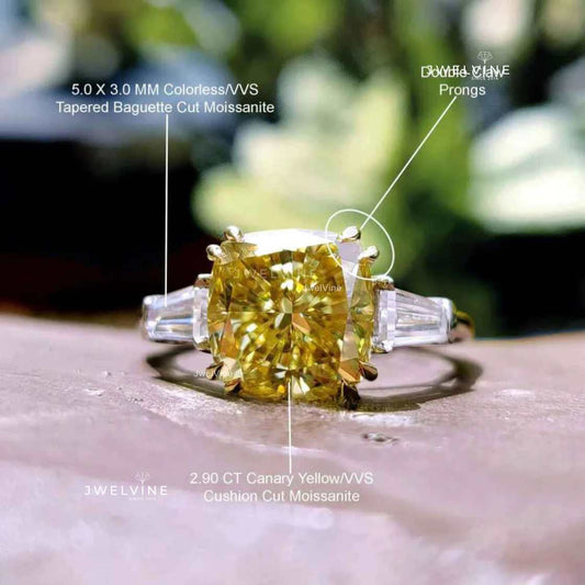 3.41 TW Canary Yellow Cushion Moissanite with Tapered Baguette Cut Three Stones Engagement Ring