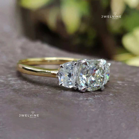 1.76 TW Cushion Divine and Half Moon Three Stone Engagement Ring