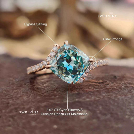 2.26 TCW Cyan Blue Cushion Cut Bypass Pave Moissanite Engagement Ring