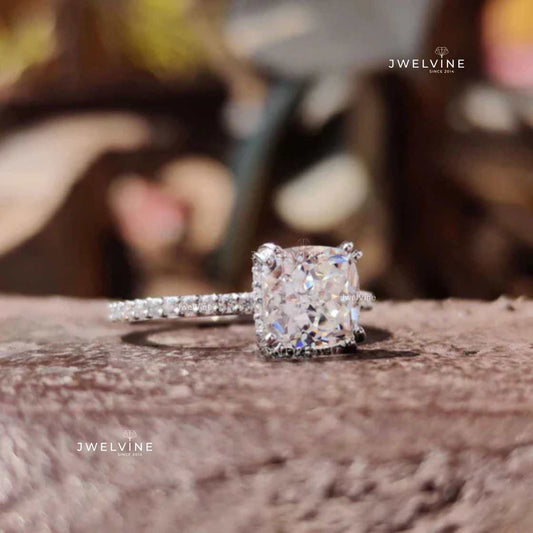 2.15 TW Cushion Cut Hidden Accent Pave Set Unique Moissanite Engagement Ring