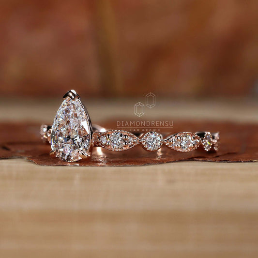 Pear Shaped Lab Grown Diamond Vintage Style Engagement Ring