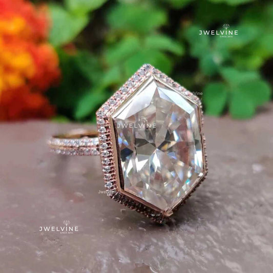 7.12 TCW Elongated Hexagon Double Row Pave Set Moissanite Engagement Ring