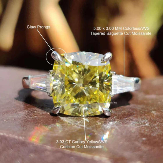 Canary Yellow Cushion Moissanite Three Stones Engagement Ring