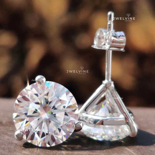 6.48 TW Round Moissanite Stud Earrings, Three Prongs Martini Earrings