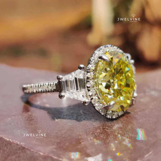 4.44 CT Oval Cut Canary Yellow Moissanite Ring, Halo Engagement Ring