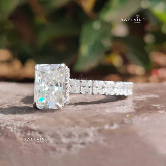 5.22 TW Radiant Cut Hidden Halo Pave Set Moissanite Engagement Ring