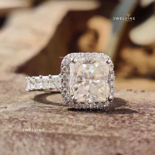 6.77 TW Dual Edge Halo Pave Set Radiant Cut Moissanite Engagement Ring