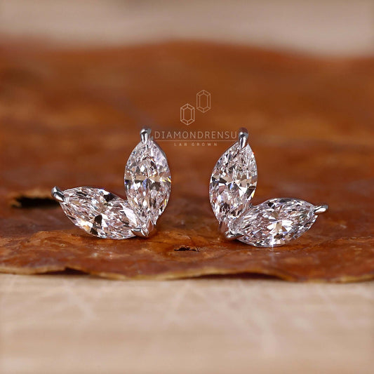 Marquise Diamond Stud Earrings - Lab Grown Diamond Tiny Flower Studs