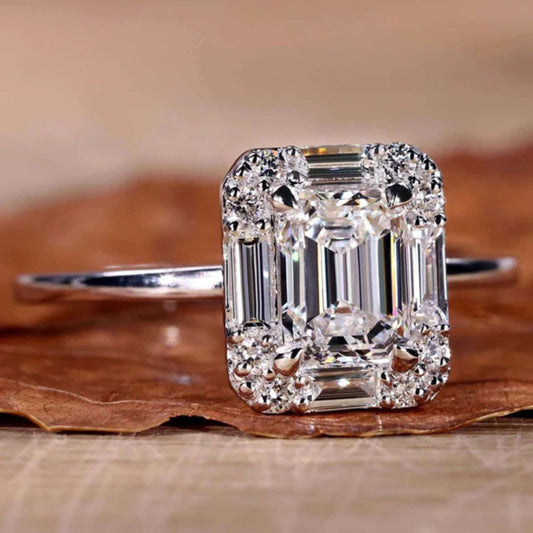 Emerald Cut Lab Grown Diamond Halo Engagement Ring for Women