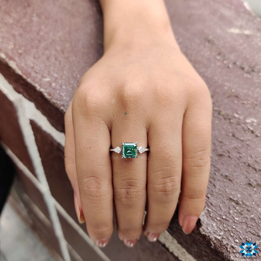 2.15 TW Asscher Step Cut Green Moissanite with Side Kite Cut Unique Three Stone Engagement Ring