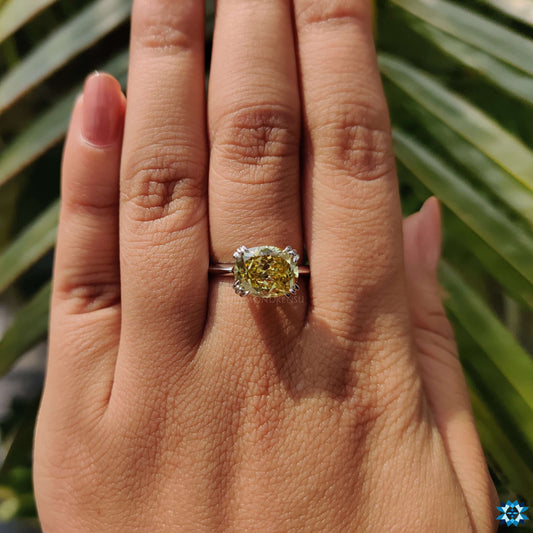 Canary Yellow Cushion Divine Moissanite Ring, Hidden Halo Engagement Ring, Cathedral Setting