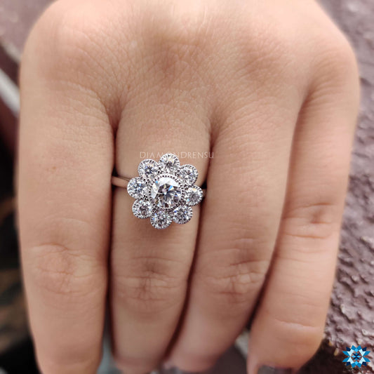 Flower Style, 1.52 TCW Round Cut Cluster Halo Moissanite Wedding Ring