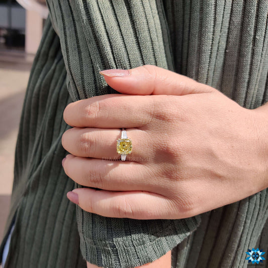 3.41 TW Canary Yellow Cushion Moissanite with Tapered Baguette Cut Three Stones Engagement Ring