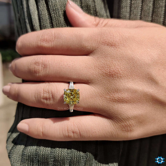 Canary Yellow Cushion Moissanite Three Stones Engagement Ring