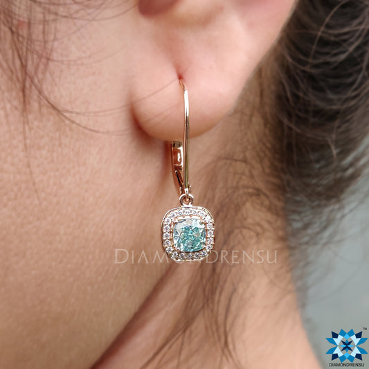 Dangle Drop Earrings - 1.44 TCW Cushion Cyan Blue Moissanite Halo Earrings