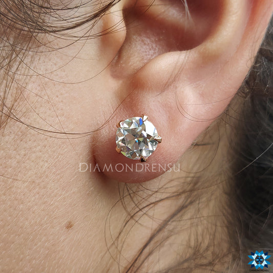 Old European Round Colorless Moissanite Stud Screw Back Earrings