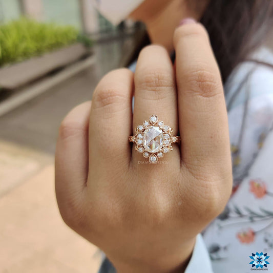 2.26 TW Oval Rose Cut Unique Vintage Style Unique Moissanite Engagement Ring