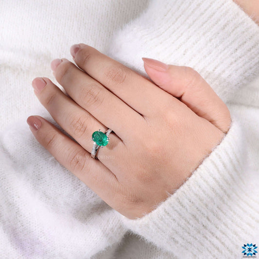 Natural Emerald Gemstone Ring,  2.19 CT Oval Cut May Birthstone Engagement Ring, Anniversary Gift