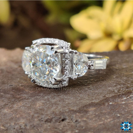 Cushion Divine with Side Half-Moon and Baguette Vintage Engagement Ring